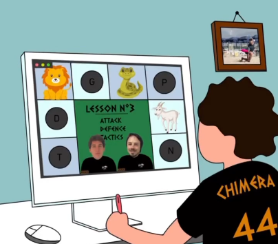 Cartoon of Chimera player in front of a computer